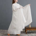 Buddha Stones 2Pcs Frog-Button Long Sleeve Midi Dress Wide Leg Pants Chiffon Zen Women's Set Women's Meditation Cloth BS 3