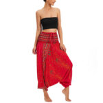 Buddha Stones Two Style Wear Peacock Feather Loose Smocked Harem Trousers Jumpsuit High Waist Pants Harem Pants BS Red(Waist 60-100cm/Length 105cm)