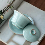 Buddha Stones Retro Green Ice Glaze Ceramic Gaiwan Sancai Teacup Kung Fu Tea Cup And Saucer With Lid Cup BS 1