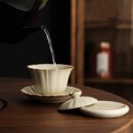 Buddha Stones Beige Plum Blossom Shape Peach Branch Ceramic Gaiwan Sancai Teacup Kung Fu Tea Cup With Lid Cup BS 10