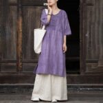 Buddha Stones Handmade Tie Dye Ramie Linen Frog-Button Midi Dress Wide Leg Pants With Pockets Midi Dress&Wide Leg Pants BS 1