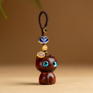 Buddha Stones Small Leaf Red Sandalwood Ebony Wood Lucky Cat Protection Key Chain Phone Hanging Decoration Key Chain BS Small Leaf Red Sandalwood Cat Key Chain