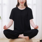 Buddha Stones 2Pcs Half Sleeve T-Shirt Pants Meditation Zen Tai Chi Cotton Linen Clothing Unisex Set Women's Meditation Cloth BS Black(Top&Pants) 4XL(Bust 138cm/Waist 80cm/Hips 124cm)