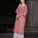 Buddha Stones Handmade Tie Dye Ramie Linen Frog-Button Midi Dress Wide Leg Pants With Pockets Midi Dress&Wide Leg Pants BS 18