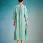 Buddha Stones Small Flower Leaf Jacquard Chinese Cheongsam Qipao Midi Dress With Pockets Cheongsam Dresses BS 2