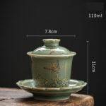 Buddha Stones Green Porcelain Butterfly Flower Salmon Fish Ceramic Gaiwan Sancai Teacup Kung Fu Tea Cup And Saucer With Lid Cup BS Butterfly Flower Gaiwan Teacup 7.8cm*11cm*110ml