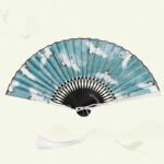 Buddha Stones Vintage Blue White Crane Pattern Handheld Silk Bamboo Folding Fan Folding Fan BS 7