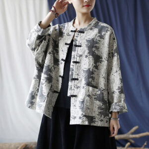 Buddha Stones Black Gray Print Frog-button Design Long Sleeve Cotton Linen Jacket Shirt With Pockets Women's Shirts BS F(Bust 154cm/Shoulder 85cm/Length 65cm)(Jacket Only)