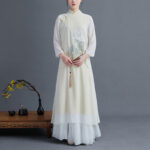 Buddha Stones 2Pcs Peony Flower Cheongsam Midi Dress Skirt Chiffon Zen Clothing Women's Set Women's Meditation Cloth BS 1