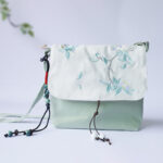 Buddha Stones Handmade Embroidered Plum Flowers Canvas Crossbody Bag Shoulder Bag Handbag Crossbody Bag BS Green White Tea Flower 17*19cm