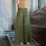 Buddha Stones Green Yellow Ramie Linen Flexible Waistband Wide Leg Pants With Pockets Women's Wide Leg Pants BS 4