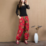 Buddha Stones Ethnic Style Red Green Flowers Print Harem Pants With Pockets Women's Harem Pants BS 21