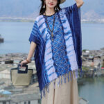 Buddha Stones Blue White Striped Indigo Dyeing Shawl Tassels Cozy Pullover 90*95cm 2