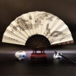 Buddha Stones Great Wall Mountains Trees Crane Bamboo Handheld Silk Bamboo Folding Fan 33.5cm Folding Fan BS Night For Maple Bridge 33.5cm