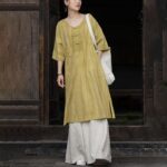 Buddha Stones Handmade Tie Dye Ramie Linen Frog-Button Midi Dress Wide Leg Pants With Pockets Midi Dress&Wide Leg Pants BS 24