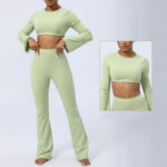 Buddha Stones Long Sleeve Backless Strap Top Bra Flare Pants Fitness Yoga Outfit 2-Piece Outfit BS 12