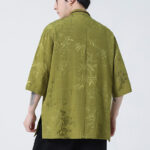 Buddha Stones Peach Blossom Bamboo Leaves Frog-button Chinese Half Sleeve Shirt Men T-shirt T-shirt BS 9