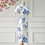 Buddha Stones Blue And White Porcelain Color Peony Flower Pattern Cheongsam Dress Women's Qipao Dress Cheongsam Dresses BS 1