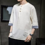Buddha Stones Frog-Button Dragon Embroidery Chinese Tang Suit Three Quarter Sleeve Shirt Cotton Linen Men Clothing Men's Shirts BS 6