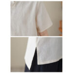 Buddha Stones Solid Color Frog-Button Short Sleeve Cotton Linen Shirt Women's Shirts BS 5