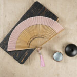 Buddha Stones Simple Cherry Flower Hollow Engraved Handheld Bamboo Folding Fan Folding Fan BS Pink 22cm