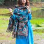 Buddha Stones Tibetan Flower Floral Leaves Pattern Design Shawl Cozy Travel Scarf Wrap Tibetan Shawl BS Aqua