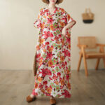 Buddha Stones Red Blue Green Flowers Midi Dress Cotton Half Sleeve Dress With Pockets Midi Dress BS Red(Dress Only) (Bust 158cm/Hem 158cm/Length 133cm)