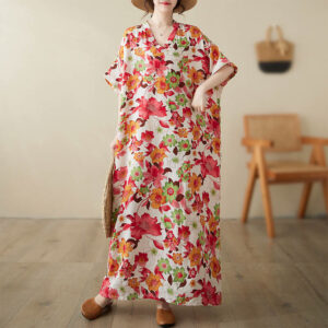 Buddha Stones Red Blue Green Flowers Midi Dress Cotton Half Sleeve Dress With Pockets Midi Dress BS Red(Dress Only) (Bust 158cm/Hem 158cm/Length 133cm)