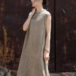 Buddha Stones Handmade Tie Dye Midi Dress Linen Sleeveless Dress 21