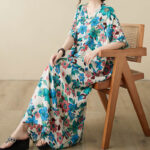 Buddha Stones Red Blue Green Flowers Midi Dress Cotton Half Sleeve Dress With Pockets Midi Dress BS 16
