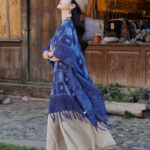 Buddha Stones Blue Color Block Plaid Shawl Tassels Soft Pullover 90*95cm 12