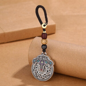 Buddha Stones Peony Flower Copper Coin Auspicious Wealth Key Chain Key Chain BS Auspicious Copper Coin Key Chain