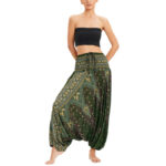 Buddha Stones Two Style Wear Peacock Feather Loose Smocked Harem Trousers Jumpsuit High Waist Pants Harem Pants BS Dark Green(Waist 60-100cm/Length 105cm)