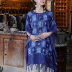 Buddha Stones Blue Color Block Plaid Shawl Tassels Soft Pullover 90*95cm 9