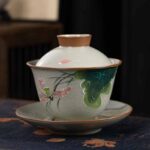 Buddha Stones Lotus Koi Fish Pod Leaf Ceramic Gaiwan Sancai Teacup Kung Fu Tea Cup And Saucer With Lid 140ml Cup BS Lotus Pod 11.5cm*9.5cm*140ml