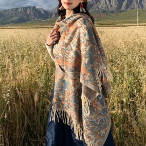 Buddha Stones Tibetan Flower Branch Tassel Shawl Cozy Travel Scarf Wrap Tibetan Shawl BS Beige 180*65cm