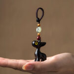 Buddha Stones Green Sandalwood Ebony Wood Mini Deer Positive Peace Buckle Key Chain Phone Hanging Decoration Key Chain BS Ebony Wood Key Chain Yellow Eyes