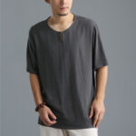 Buddha Stones Men's Solid Color Round Neck Short Sleeve Cotton Linen Shirt Men's Shirts BS 4
