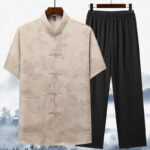 Buddha Stones Mountains Trees Tang Suit Hanfu Traditional Uniform Short Sleeve Top Pants Clothing Men's Set Men's Meditation Cloth BS Beige Top&Pants 44/4XL