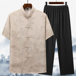Buddha Stones Mountains Trees Tang Suit Hanfu Traditional Uniform Short Sleeve Top Pants Clothing Men's Set Men's Meditation Cloth BS Beige Top&Pants 44/4XL