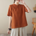 Buddha Stones Solid Color Frog-Button Short Sleeve Cotton Linen Shirt Women's Shirts BS 9