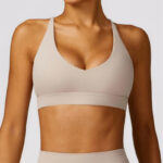 Buddha Stones Gym Sports Yoga Backless Bra Crop Tank Top Breathable Shorts 2-Piece Outfit BS Beige Top US8/10/XL