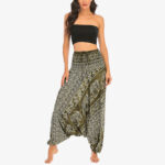 Buddha Stones Two Style Wear Elephant Pattern Loose Smocked Harem Trousers Jumpsuit Women's Yoga Pants Harem Pants&Bodysuit BS 10