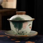 Buddha Stones Lotus Koi Fish Pod Leaf Ceramic Gaiwan Sancai Teacup Kung Fu Tea Cup And Saucer With Lid 140ml Cup BS Lotus Koi Fish 11.5cm*9.5cm*140ml