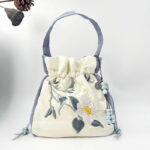 Buddha Stones Embroidered Butterfly Lotus Magnolia Cotton Linen Tote Crossbody Bag Shoulder Bag Handbag Crossbody Bag BS Blue White Camellia 20*20*7cm