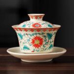 Buddha Stones A Panorama of Rivers and Mountains Flowers Ceramic Gaiwan Sancai Teacup Kung Fu Tea Cup And Saucer With Lid Cup BS Flower 12cm*9cm*100ml