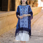 Buddha Stones Blue Stripe Geometry Indigo Dyeing Shawl Tassels Travel Pullover 90*95cm 8