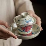 Buddha Stones Koi Fish Arowana Ceramic Gaiwan Sancai Teacup Kung Fu Tea Cup With Lid 130ml Cup BS Red Koi Fish Gaiwan Teacup 13.5cm*9.7cm*130ml