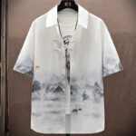Buddha Stones Landscape Coconut Trees Magpie Pattern Short Sleeve Shorts Men's Set Men's Meditation Cloth BS 2