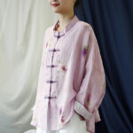 Buddha Stones Pink Flower Print Frog-button Design Batwing Long Sleeve Ramie Linen Jacket Shirt Women's Shirts BS 2